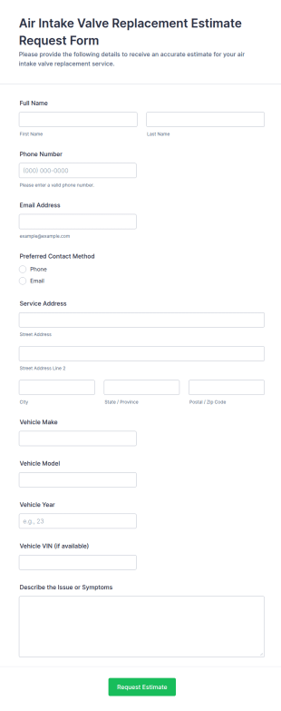 Air Intake Valve Replacement Estimate Request Form Template