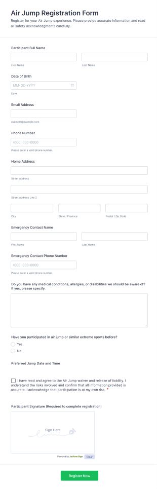 Air Jump Registration Form Template