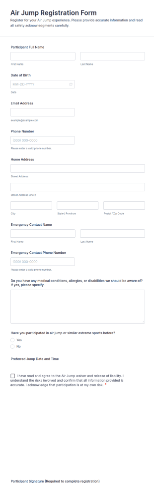 Air Jump Registration Form Template