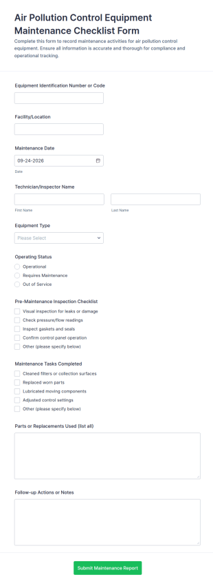 Air Pollution Control Equipment Maintenance Checklist Form Template