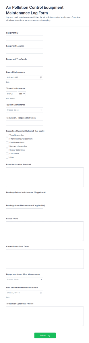 Air Pollution Control Equipment Maintenance Log Form Template