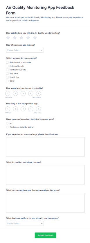 Air Quality Monitoring App Feedback Form Template