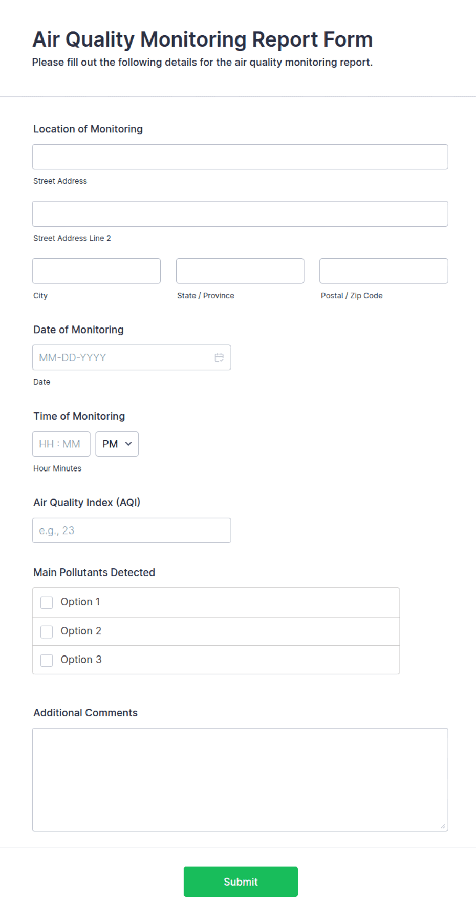Atmospheric Testing Form.pdf Air Quality Monitoring Report Form Template | Jotform