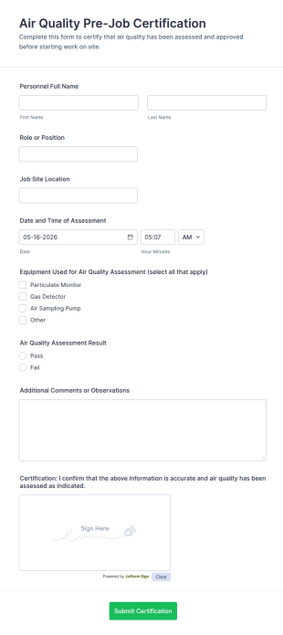 Air Quality Pre Job Certification Form Template