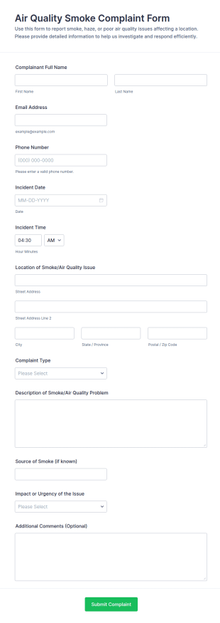 Air Quality Smoke Complaint Form Template
