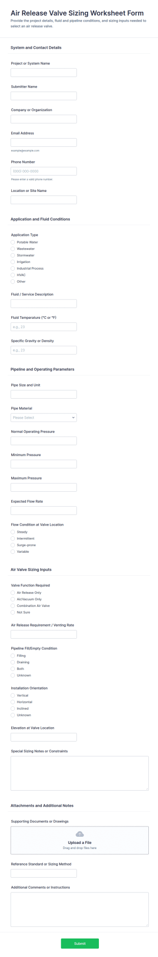 Air Release Valve Sizing Worksheet Form Template