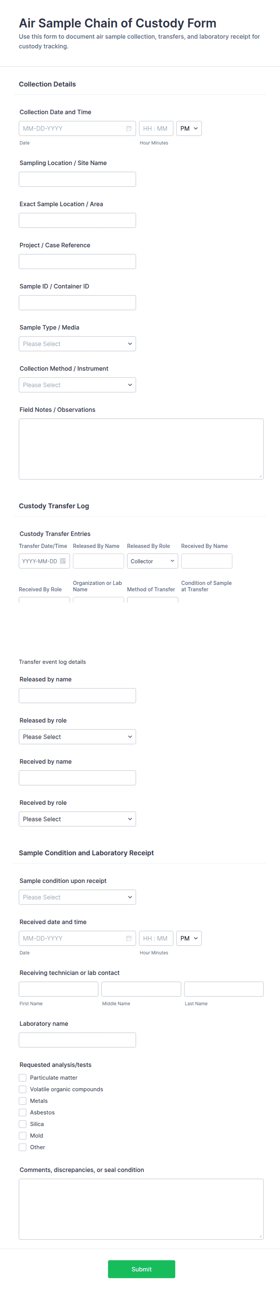Air Sample Chain of Custody Form Template | Jotform