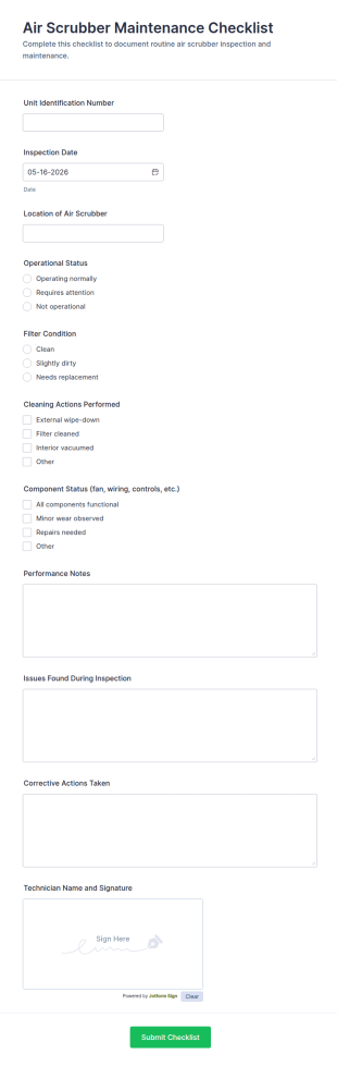 Air Scrubber Maintenance Checklist Form Template