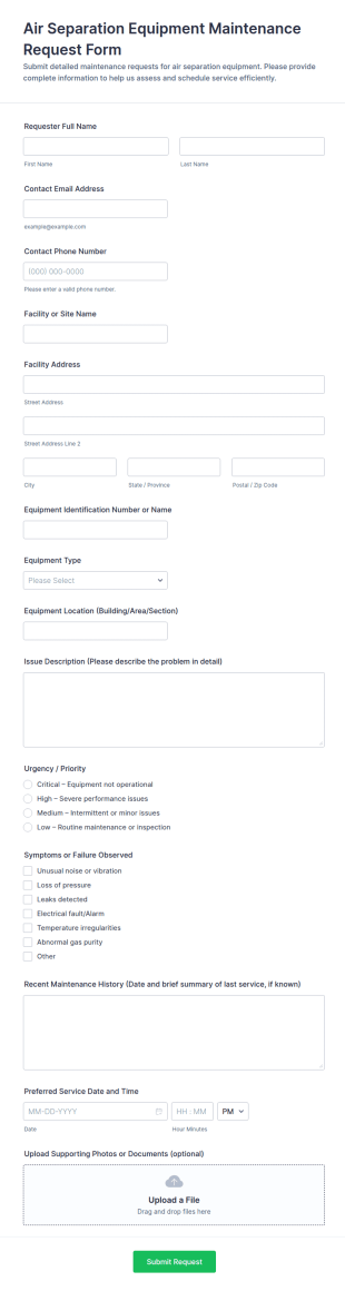 Air Separation Equipment Maintenance Request Form Template