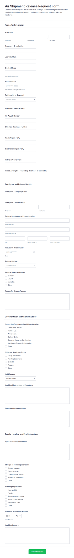 Air Shipment Release Request Form Template