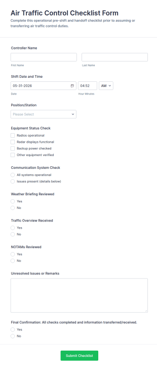 Air Traffic Control Checklist Form Template