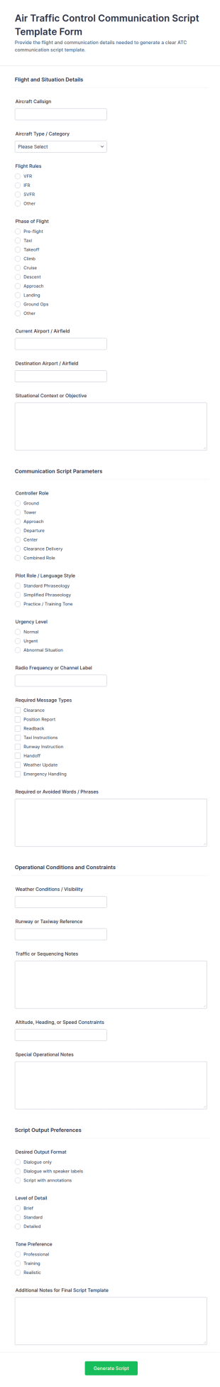 Air Traffic Control Communication Script Template Form