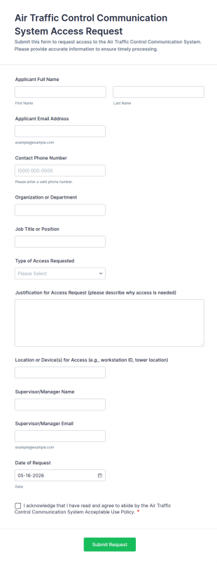 Air Traffic Control Communication System Access Request Form Template