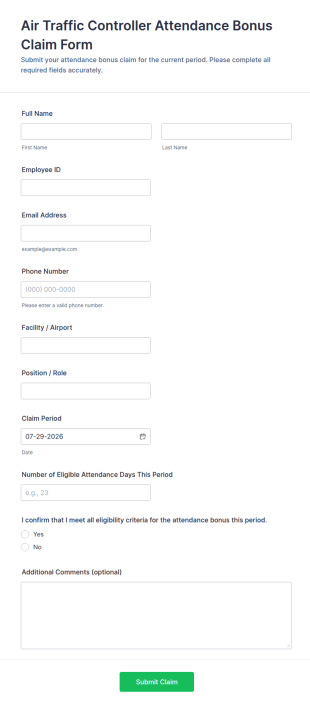 Air Traffic Controller Attendance Bonus Claim Form Template