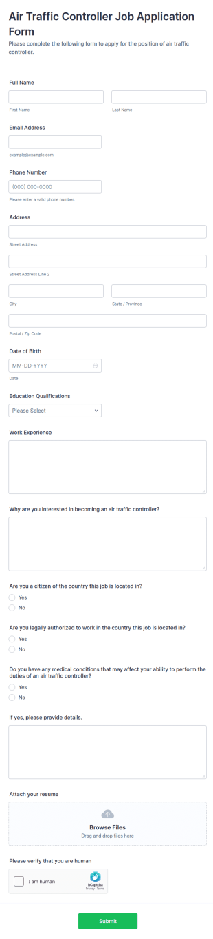 Air Traffic Controller Job Application Form Template