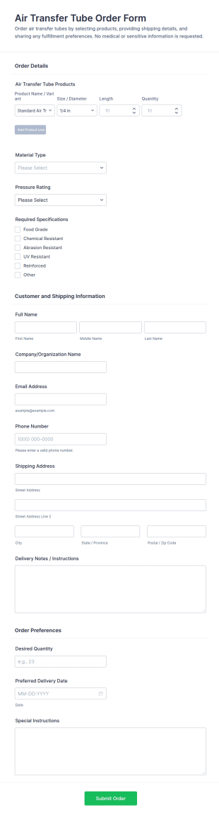 Air Transfer Tube Order Form Template