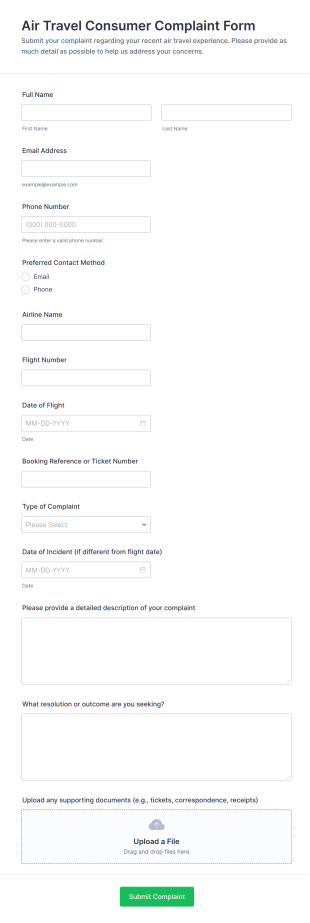 Air Travel Consumer Complaint Form Template