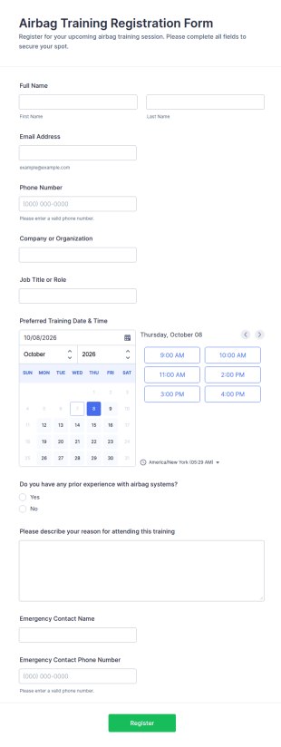 Airbag Training Registration Form Template