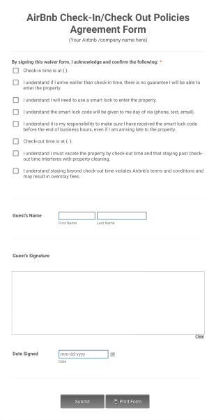 Airbnb Check InCheck Out Policies Agreement Form Template