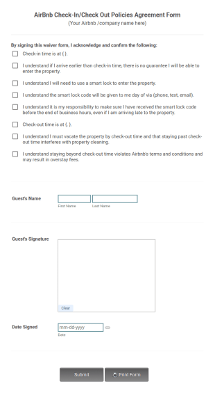 Airbnb Check InCheck Out Policies Agreement Form Template