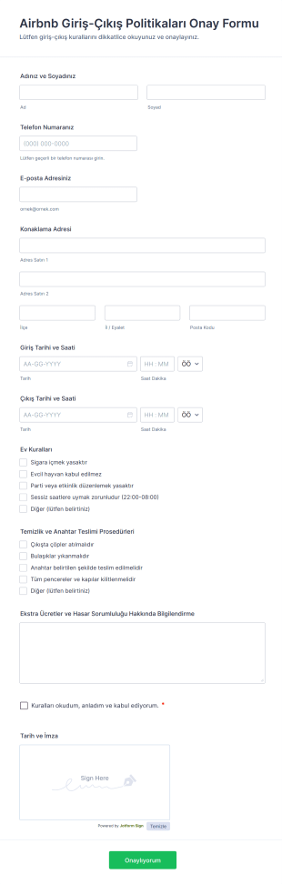 Airbnb Giriş Çıkış Politikaları Onay Form Şablonu