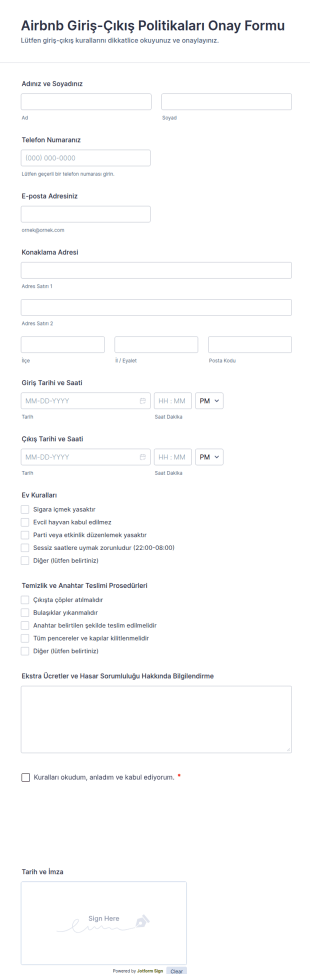 Airbnb Giriş Çıkış Politikaları Onay Form Şablonu