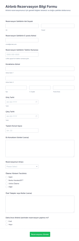 Airbnb Rezervasyon Bilgi Form Şablonu