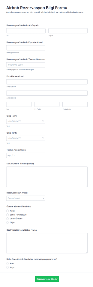 Airbnb Rezervasyon Bilgi Form Şablonu