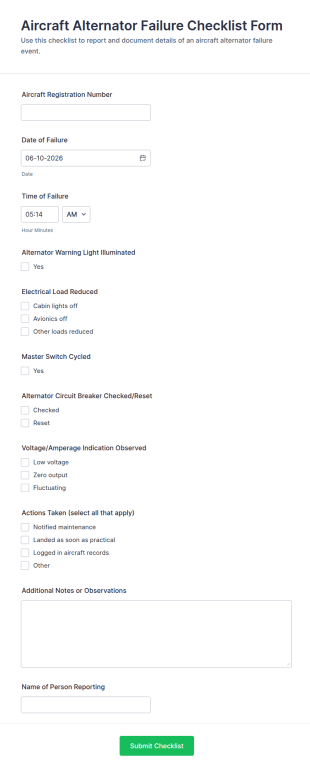 Aircraft Alternator Failure Checklist Form Template