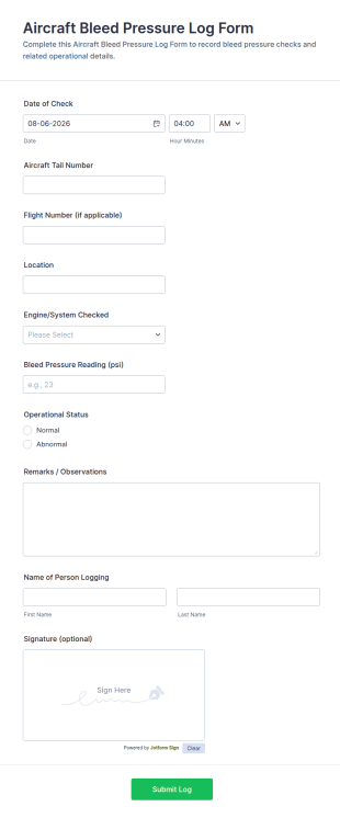Aircraft Bleed Pressure Log Form Template