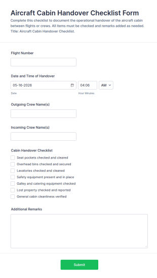 Aircraft Cabin Handover Checklist Form Template