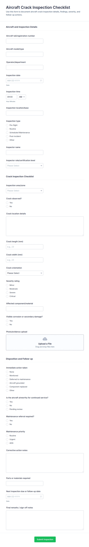 Aircraft Crack Inspection Checklist Form Template