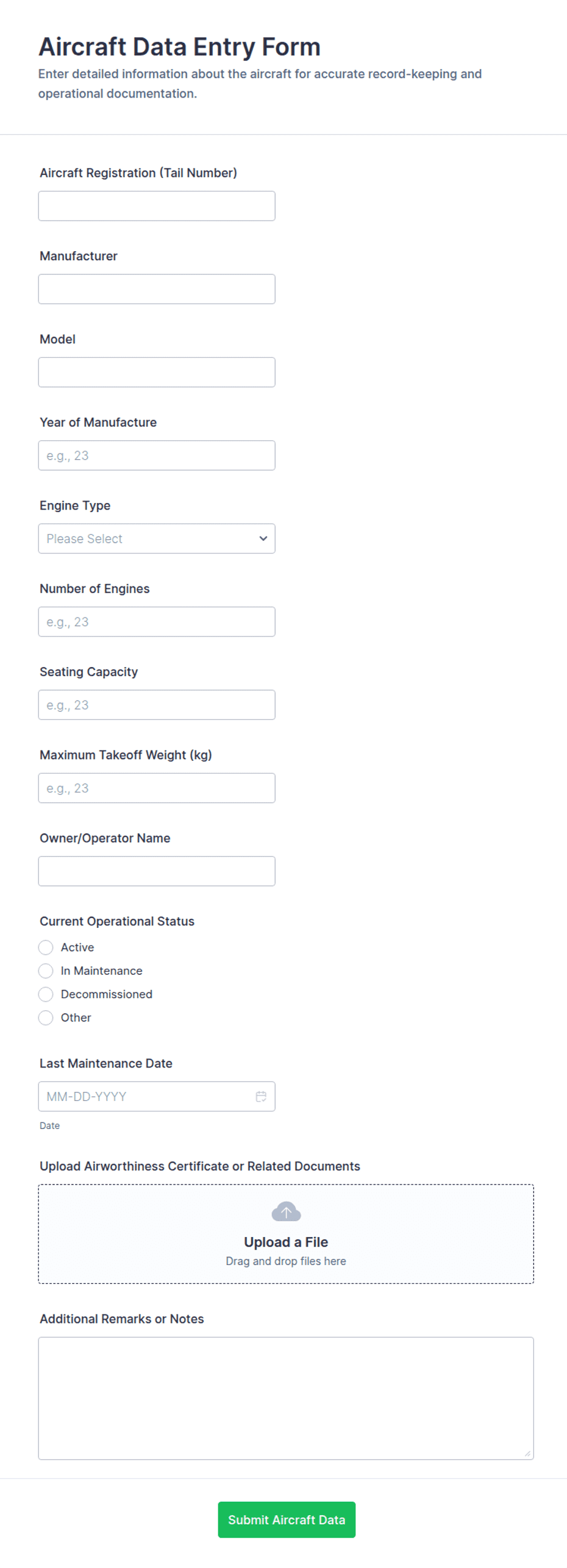 Aircraft Data Entry Form Template | Jotform