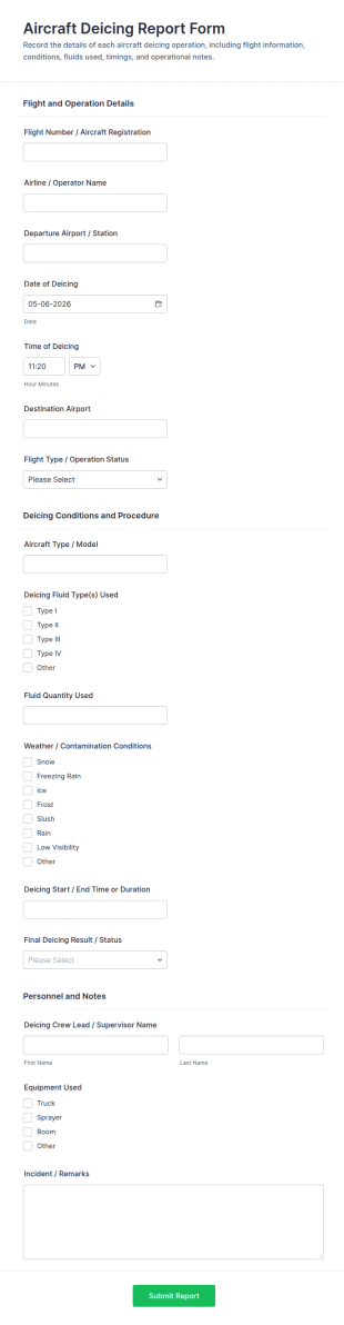 Aircraft Deicing Report Form Template