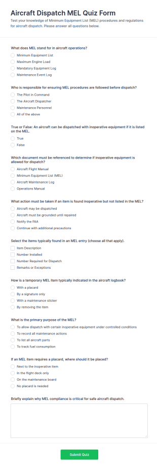 Aircraft Dispatch MEL Quiz Form Template