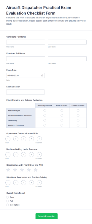 Aircraft Dispatcher Practical Exam Evaluation Checklist Form Template