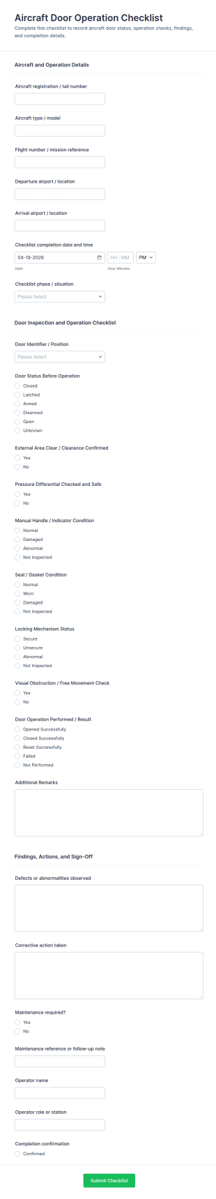 Aircraft Door Operation Checklist Form Template