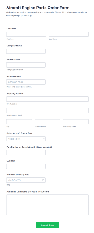 Aircraft Engine Parts Order Form Template