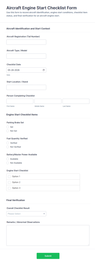 Aircraft Engine Start Checklist Form Template