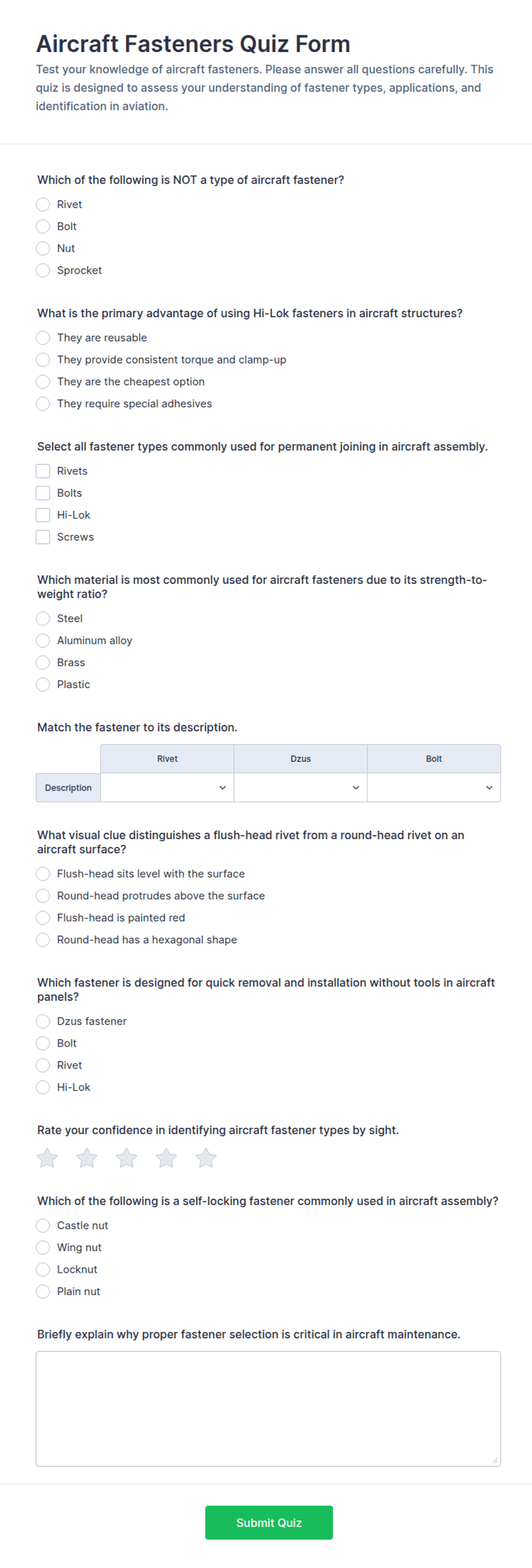 Aircraft Fasteners Quiz Form Template | Jotform