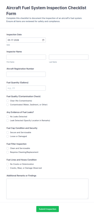 Aircraft Fuel System Inspection Checklist Form Template