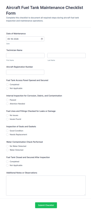 Aircraft Fuel Tank Maintenance Checklist Form Template