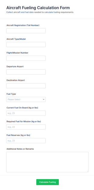 Aircraft Fueling Calculation Form Template