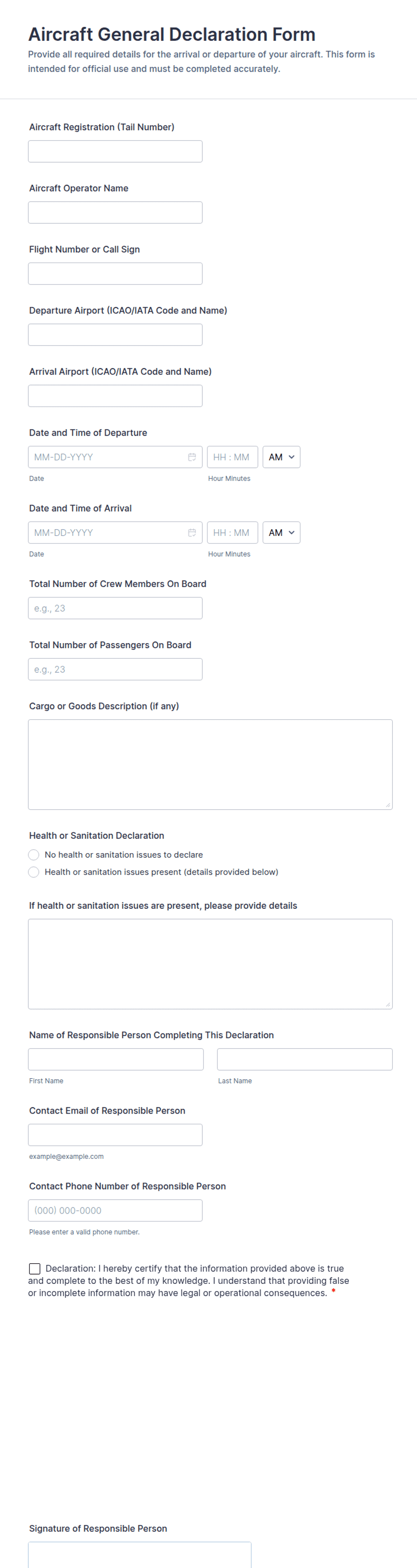 Gendec Form.pdf Aircraft General Declaration Form Template | Jotform