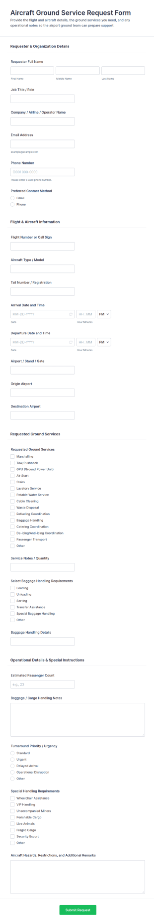 Aircraft Ground Service Request Form Template