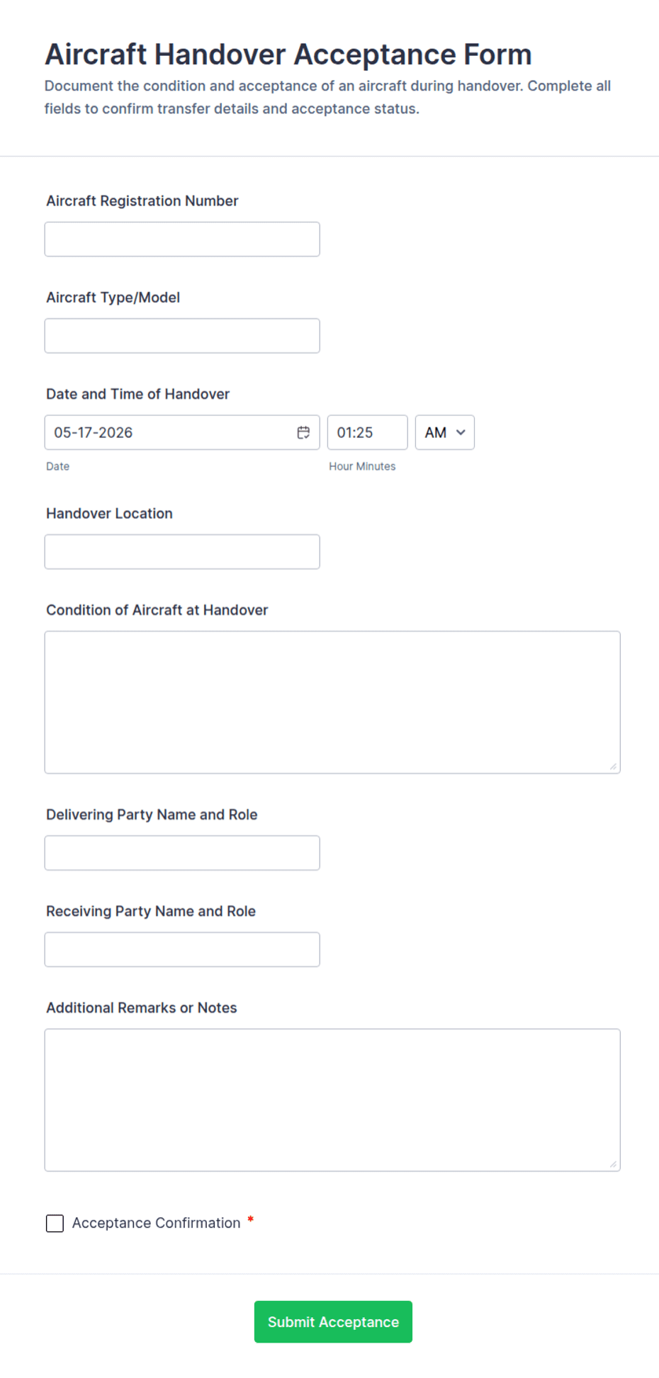 Aircraft Handover Acceptance Form Template | Jotform