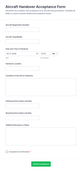Aircraft Handover Acceptance Form Template