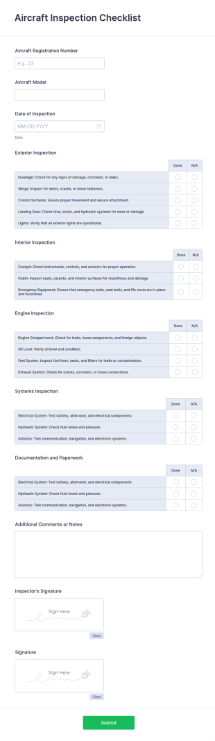 Aircraft Inspection Checklist Form Template