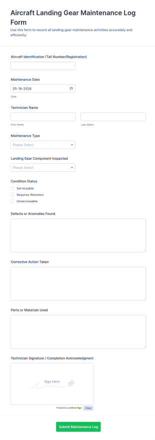 Aircraft Landing Gear Maintenance Log Form Template