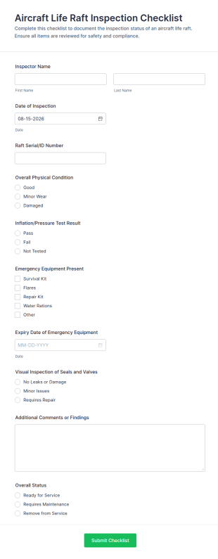 Aircraft Life Raft Inspection Checklist Form Template